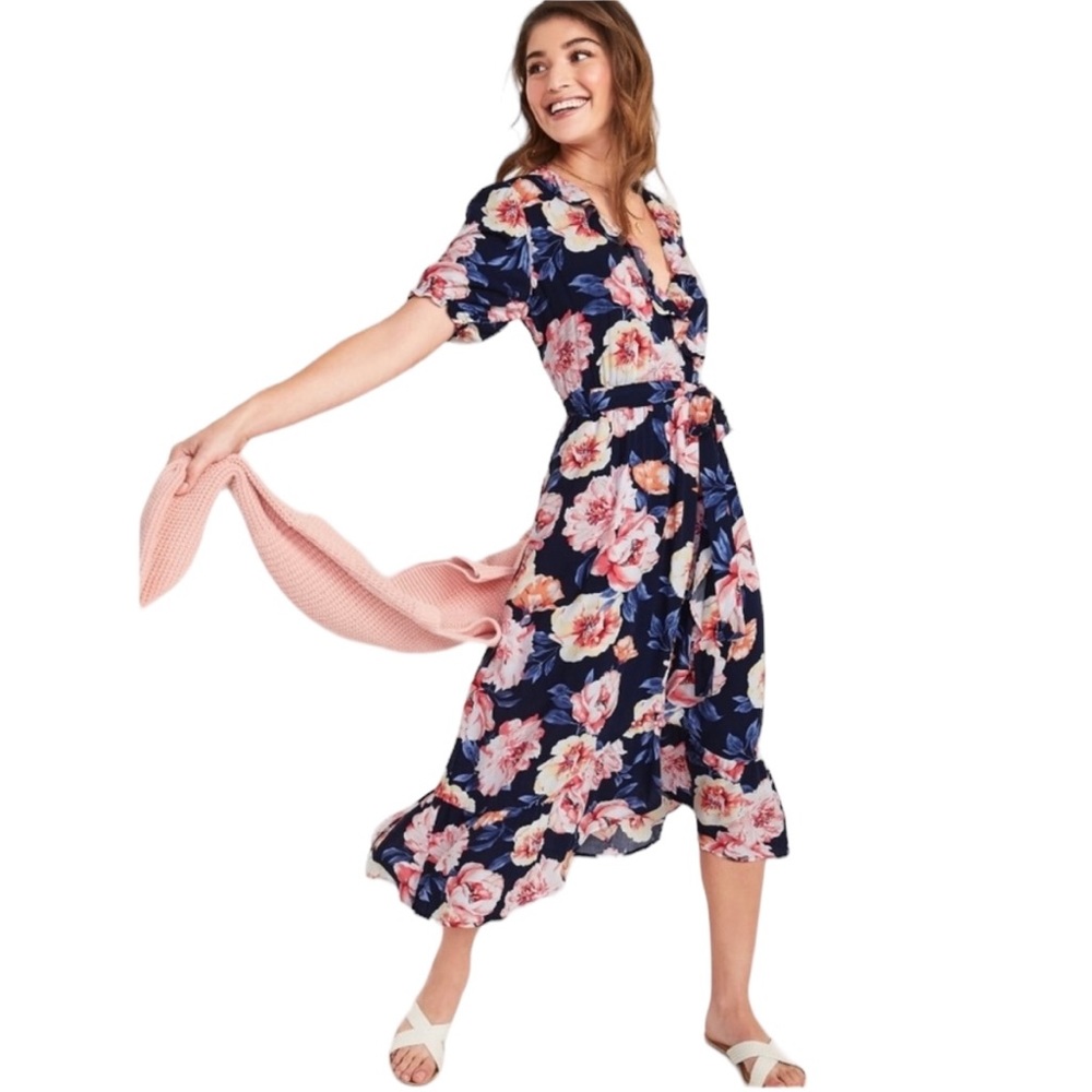 Old Navy Floral Short Sleeve Ruffle Midi Wrap Dress Size XL Blue Pink